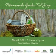 Graphic promoting Minneapolis garden tool swaps with bucket of garden tools