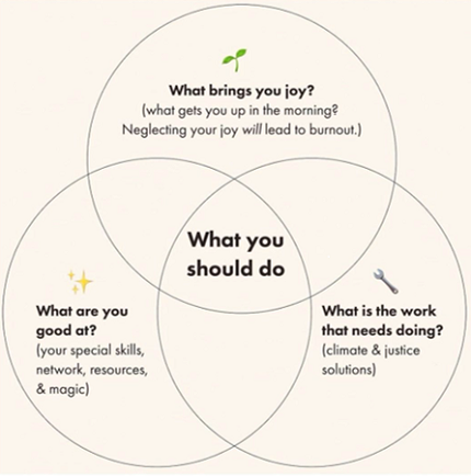 Venn diagram of What you should do. What brings you joy? What is the work that needs doing? What are you good at?