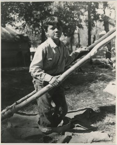 An Ojibwe boy uses two birch poles as supports while he dances on wild rice to separate the husks from the seed.