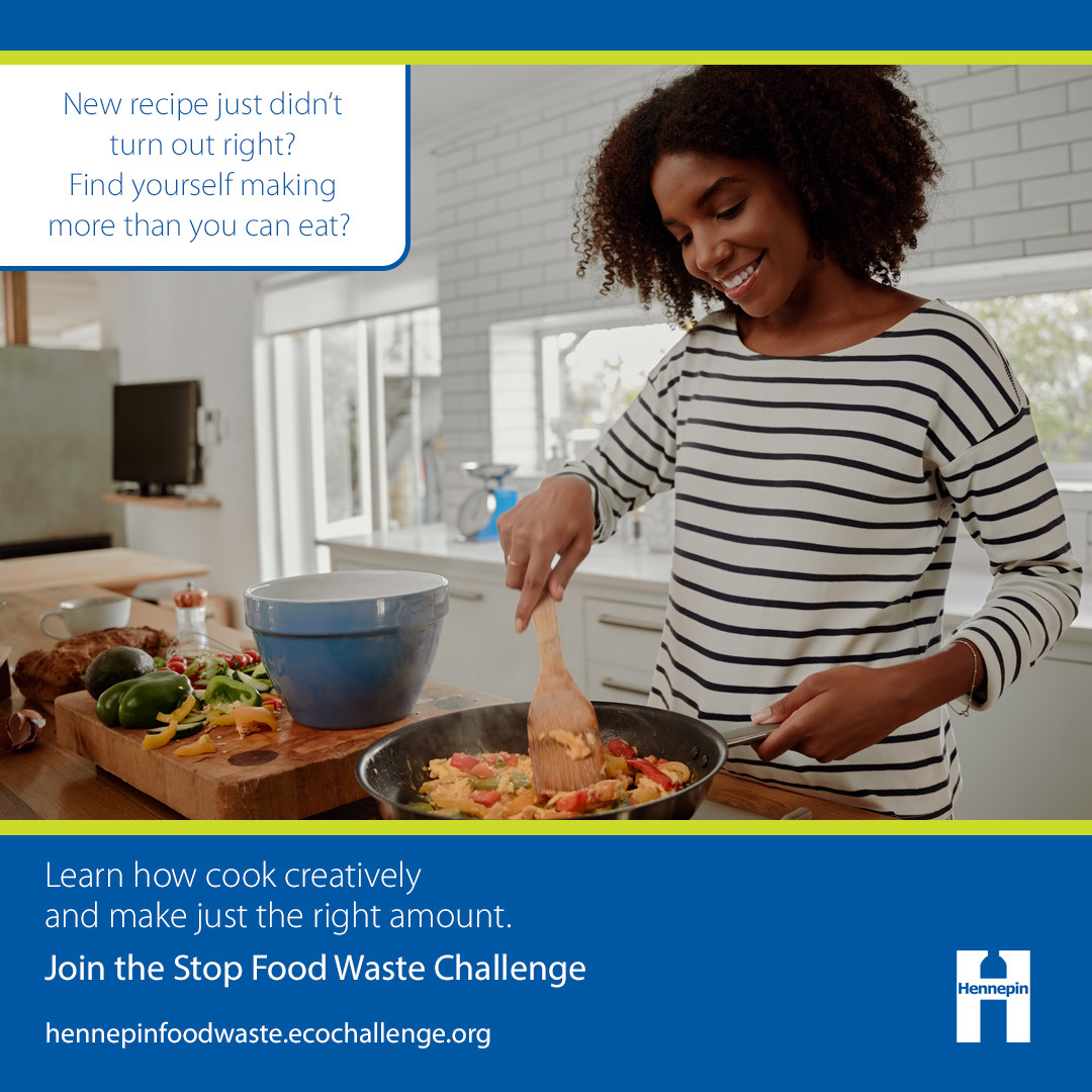 Stop Food Waste Challenge graphic showing woman cooking in a home kitchen