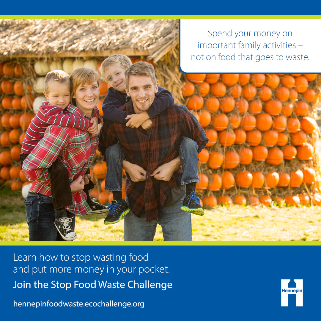 Stop Food Waste Challenge graphic showing family at a pumpkin patch