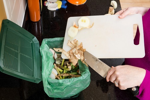 Person scraping food waste into organics pail