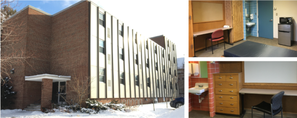 Three picture collage showing outside of Stevens Square Residence and examples of indoor rooms