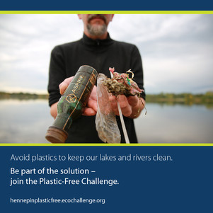 Graphic of man holding plastic litter next to lake that says take action to protect water and wildlife