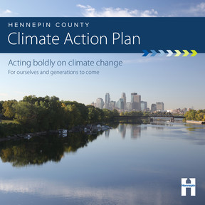 Climate Action Plan graphic with photo of river and Minneapolis in background