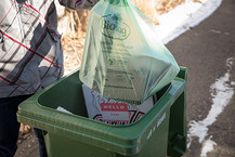 Bag of organics recycling being placed in cart