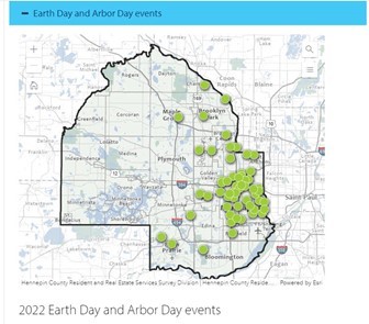 online screenshot of GIS map showing Earth Day and Arbor Day events