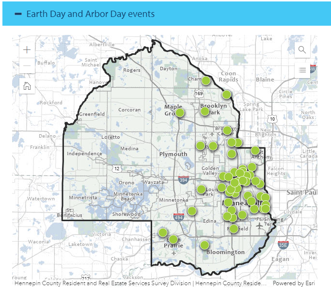 Map of Hennepin County with markers indicating events