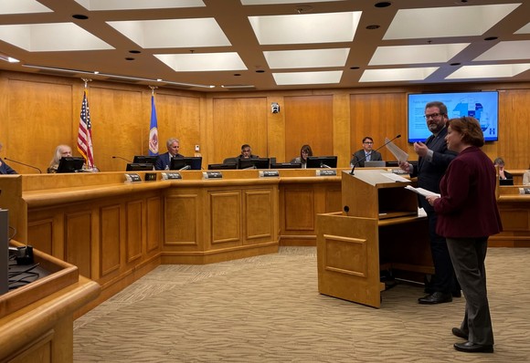 Commissioners LaTondresse and Goettel presenting before the Eden Prairie City Council