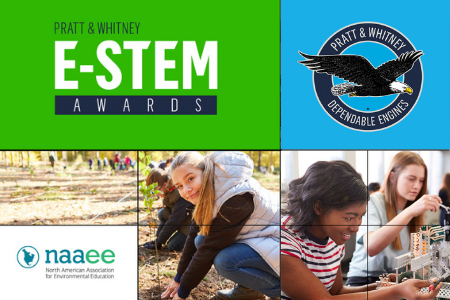Pratt & Whitney E-STEM awards. Children planting trees and building robots. 