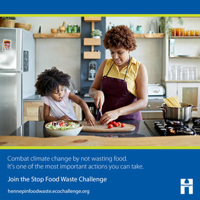Graphic with mother daughter preparing food in kitchen encouraging people to take action on food waste to combat climate change