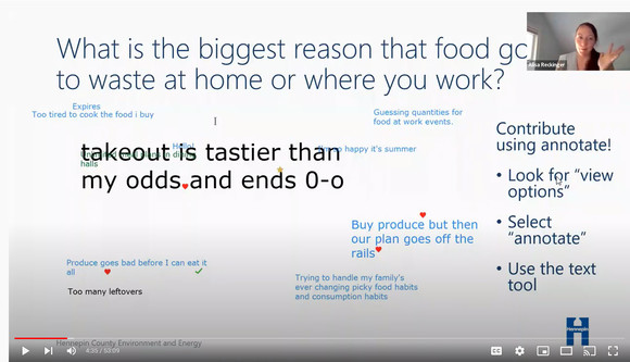 Screen shot of an annotation slide during the presentation where participants shared the biggest reason food goes to waste for them.