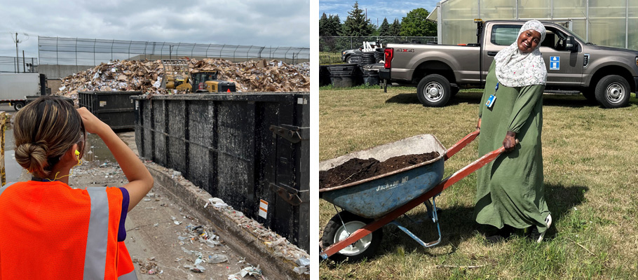 Interns visit recycling facility and push wheel barrow full of compost at compost facility