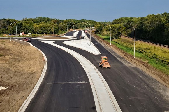 View of the nearly complete roundabout on Highway 12 at County Road 92 in Independence.