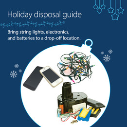 Image of smart phones, holiday string lights, and batteries with instructions to bring these items to a drop-off facility
