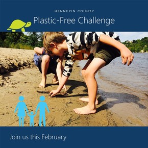 Plastic-Free Challenge. Join us this February. Children picking up plastic on the beach. 