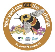 Lawns to Legumes logo with bee illustration that says your yard can BEE the change