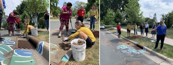 Network attendees clean out a storm drain together