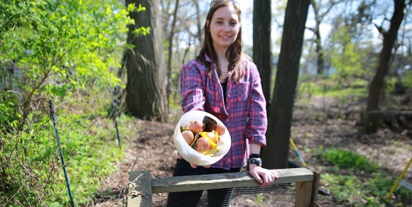 Woman holding food for composting above a compost bin