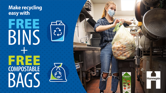 Make recycling easy with free bins and free compostable bags. Woman in commercial kitchen emptying organics bin