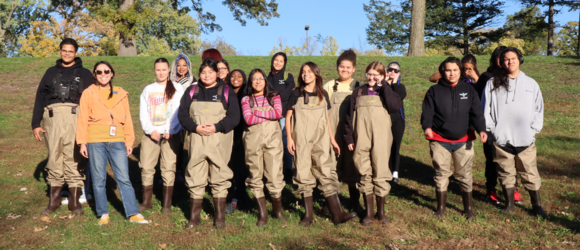 Group of smiling youth in waders