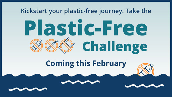 Graphic that says kickstart your plastic-free journey, Plastic-Free Challenge coming this February with water and plastic items with noids over them