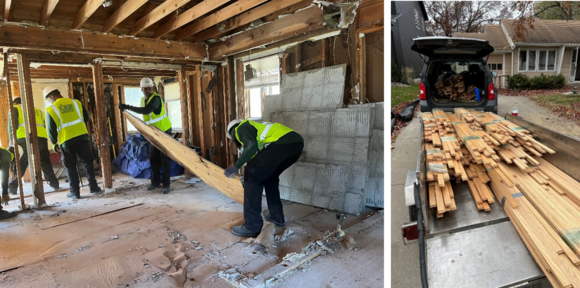 Photo of Better Futures staff hauling building materials out of a building being deconstructed and trailer load of salvaged wood flooring