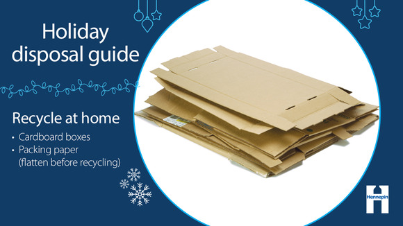 Holiday disposal guide graphic for cardboard with instructions to flatten and recycle at home