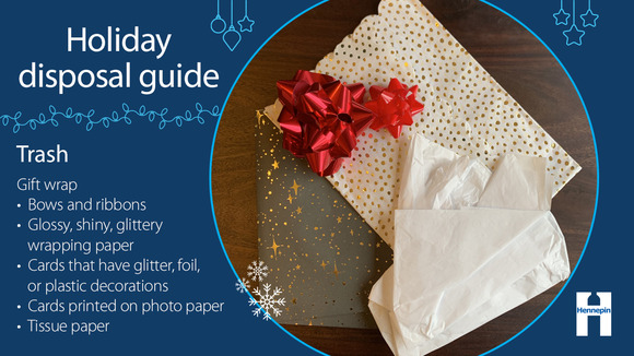Holiday disposal guide gift wrap graphic with instructions to put in the trash