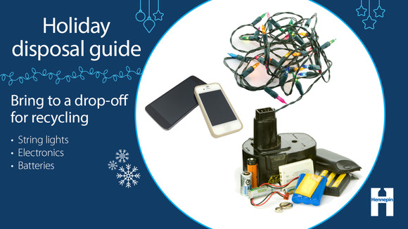 Holiday disposal guide graphic with instructions to bring string lights, batteries, and electronics to a drop-off site