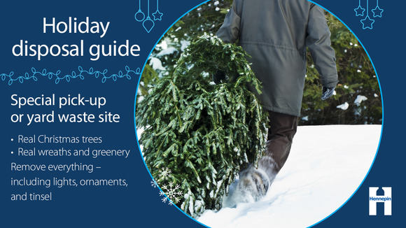 Holiday disposal graphic with instructions to use a special pick-up service or bring real trees to a yard waste site