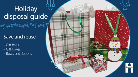 Holiday disposal graphic with instructions to save and reuse gift bags, ribbons, and bows