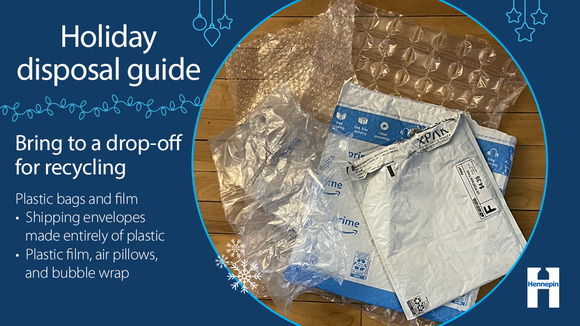 Holiday disposal graphic with instructions to bring plastic film, wrap, and shipping envelopes to a drop-off