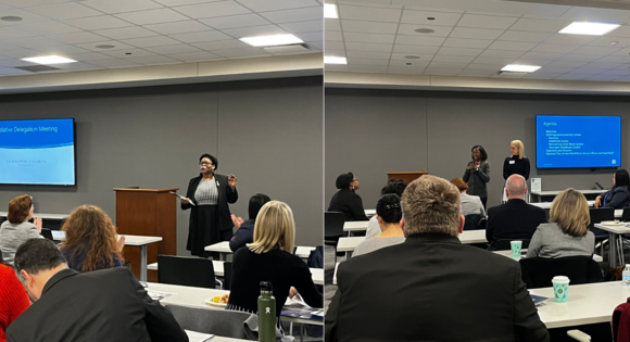 Delegation Meeting Pic of the room, 2 pic collage, Conley presenting and Delegation Co-chairs presenting.