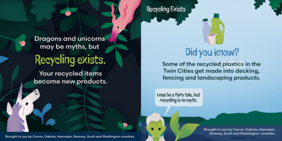 Recycling exists graphics with unicorn, dragon, and merperson explaining that your recycling gets made into new products