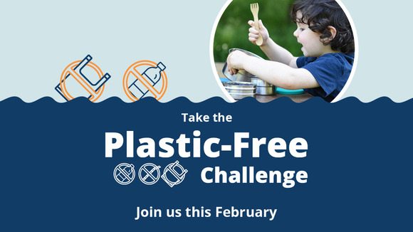 Plastic-Free Challenge graphic with young boy at a picnic using reusable utensils