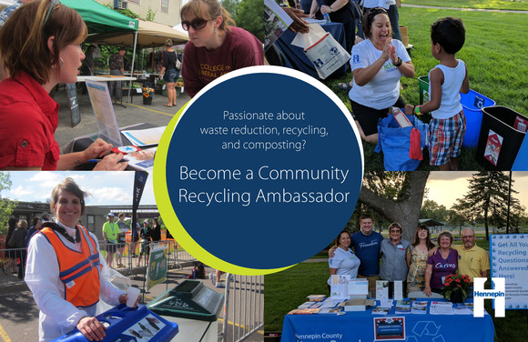 Become a Community Recycling Ambassador graphic with images of volunteers staffing tables and improving recycling at events