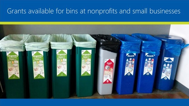 Graphic with images of bins and title grants available for bins at nonprofits and small businesses