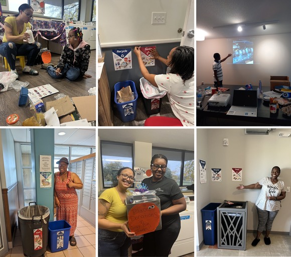 Photos of apartment recycling champions conducting education, labeling bins, and giving presentations