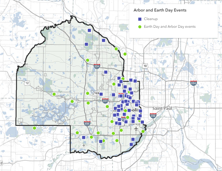 Map of Hennepin County with dots for Earth Day cleanups and events