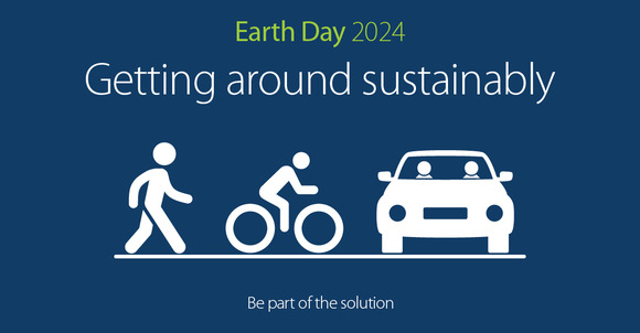 Illustration of people walking, biking, carpooling with text that says get around sustainably