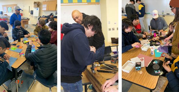 Three images of high school youth repairing things