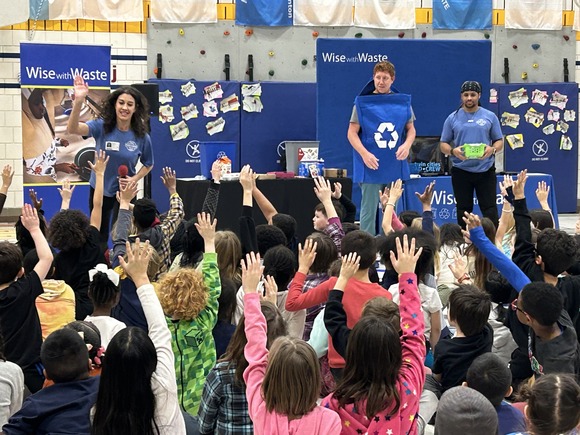 Performers in recycling costumes presenting to a group of students with hands raised