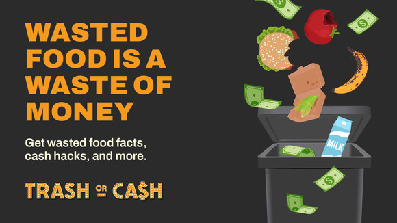 Graphic with food and money going into a trash can that reads wasted food is wasted money