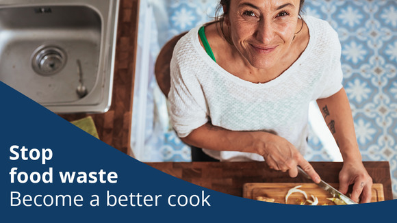 Woman cutting vegetables looking up at camera with text that reads stop food waste become a better cook