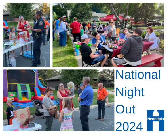 National Night Out 2024 photo collage of community members having a party outside, with Hennepin County branding. 