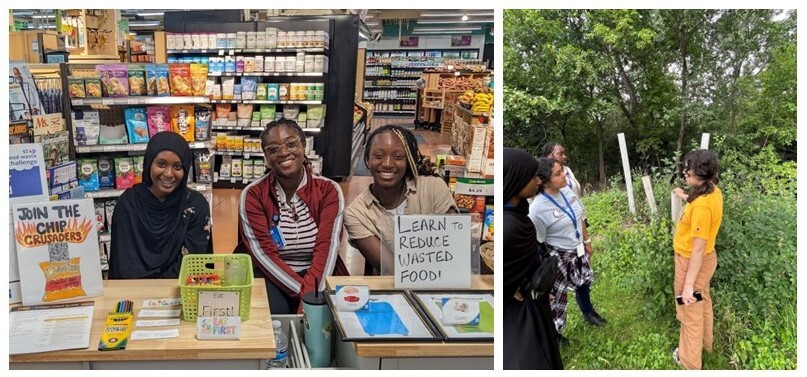 Green Pathways interns at a grocery store teaching about food waste and learning about trees at an urban site