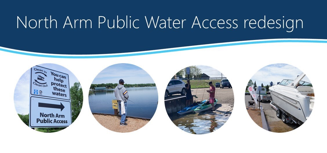 North Arm Public Water Access redesign with boat launch signs, kayakers, people fishing from shore, and boat launching