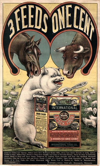 "3 FEEDS ONE CENT" International Stock Food Poster