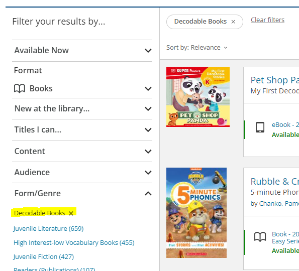 screenshot of filtering options. decodable books is highlighted in yellow under form slash genre.